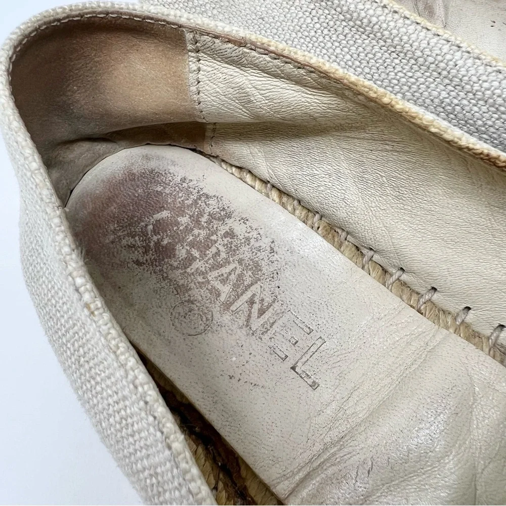 CHANEL Cloth Two-Tone Espadrilles Size 37 7 Cream and Black Designer Distressed